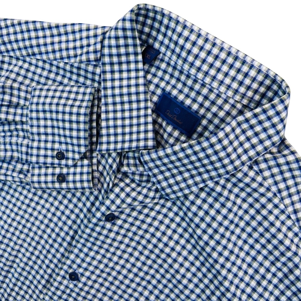 David Donahue Mens 2XL Blue Green Gingham Check Button Up Shirt Cotton Preppy